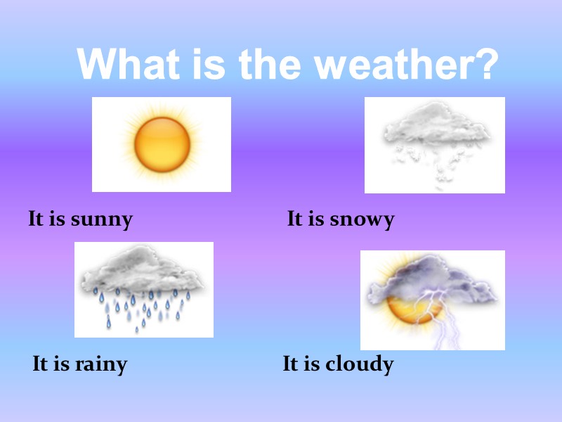 What is the weather? It is sunny It is rainy It is snowy It